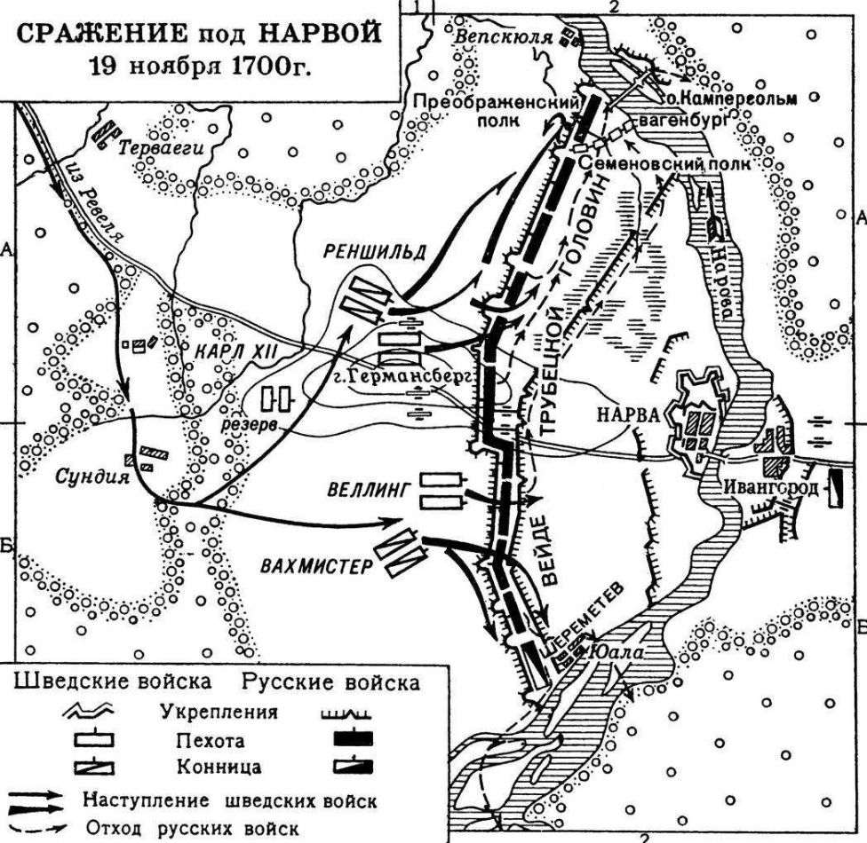 План-схема атаки Карла XII при Нарве