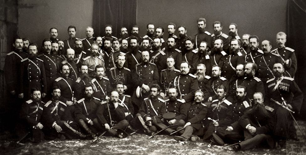 Великий князь Николай Николаевич и генерал Гурко со штабом армии и иностранными военными наблюдателями, Сан-Стефано 19 февраля 1878
