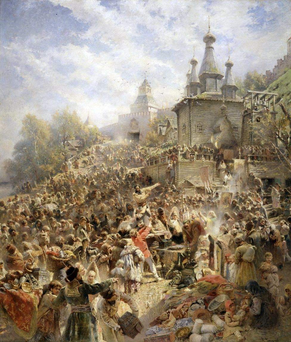 Минин на площади Нижнего Новгорода, возле церкви Иоанна Предтечи, призывающий народ к пожертвованиям