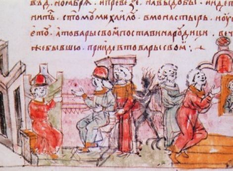 Беседа Давыда Игоревича Волынского и Святополка Изяславича Киевского о «коварстве» Василька Теребовльского. Миниатюра из Радзивиловской летописи. XV век