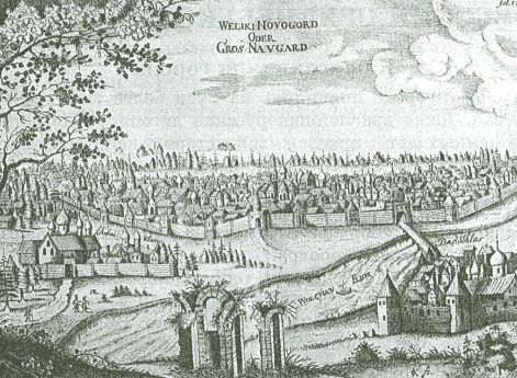 Вид Великого Новгорода в XVII веке. Из книги А. Олеария