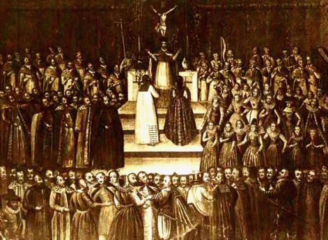 Заочное обручение Марины Мнишек с Лжедмитрием I в Кракове 12 ноября 1605 г. Гравюра с картины неизвестного художника XVII в.