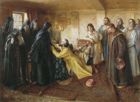 Царь Иван Грозный просит игумена Кирилла (Кирилло-Белозерского монастыря) благословить его в монахи. Лебедев К. В. Конец XIX века