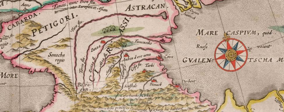 Фрагмент карты России Гесселя Герритса (основанная на чертёже Фёдора Годунова). Кавказ в XV—XVI вв. Сунженский острог (Zunsa).