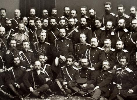 Великий князь Николай Николаевич и генерал Гурко со штабом армии и иностранными военными наблюдателями, Сан-Стефано 19 февраля 1878