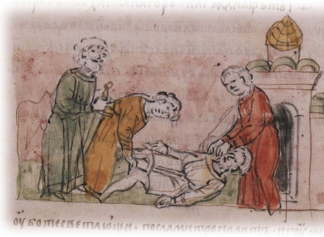 Перенесение тела Игоря Ольговича с торга в Михайловскую церковь по указанию тысяцкого Лазаря.