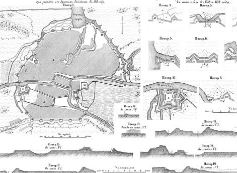 Полевые и временные укрепления. Изобр.2-17. Оборонительные работы, проектированные и частично приведенные в исполнение в 1758 и 1759 года