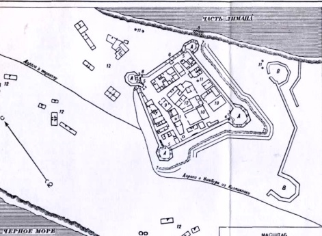Крепость Кинбурн. Чертеж, выполненный на основании рукописного плана 1775 года. (Центральный Государственный архив древних актов)