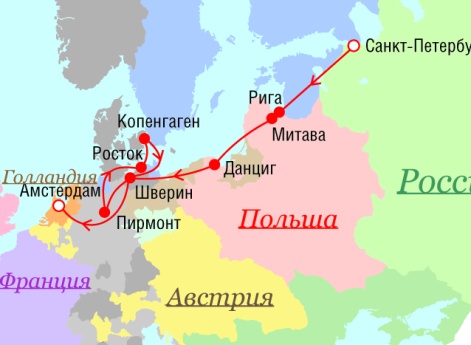 Маршрут поездок Петра I - 1716 г.