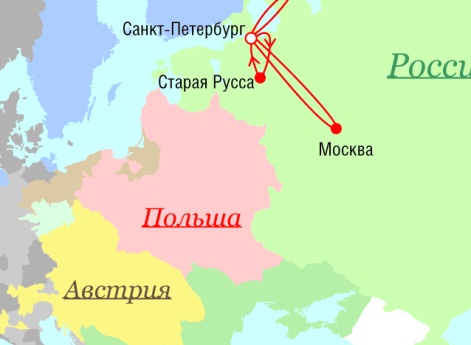 Маршрут поездок Петра I - 1724 г.