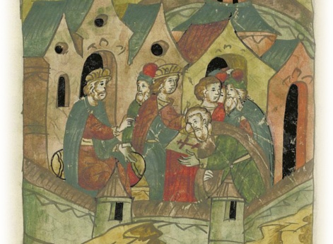 Великий князь Всеволод Юрьевич дает новгородцам на княжение своего сына Святослава.