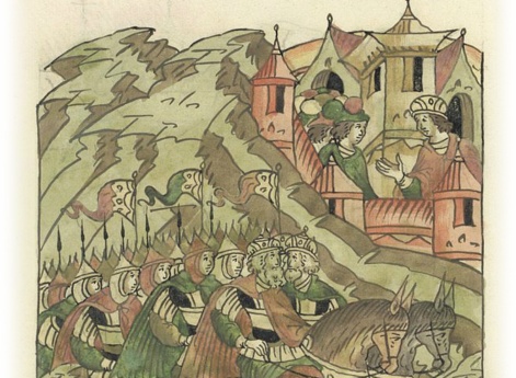 Великий князь Всеволод Юрьевич с войском идет к городу Пронску, где княжит Кир Михайло Всеволодович.