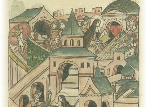 Рождение у великого князя Василия Дмитриевича сына Василия. Духовник великого князя приходит на двор князя и встречает посланного за ним человека, который просит наречь имя новорожденному сыну князя. Священник спрашивает, приходит ли тот ранее в его келью