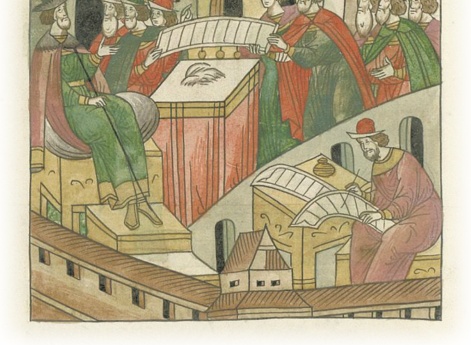 Князь Казимир с другими послами от Крымского царя Менли-Гирея пишут нужную великому князю Василию Ивановичу клятвенную грамоту.