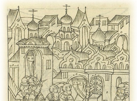 Московские мастеры делают лестницу у церкви Вознесения Христова. Царь и митрополит в ту же церковь переносят церковь Рождества Христова от двора князя Мстиславского.