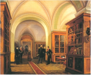 C.Деладвез "Посещение императором Николаем I  библиотеки 13 декабря 1852 года" (1853)