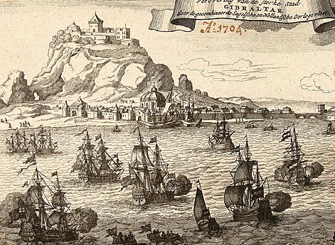 Вид на Гибралтар во время осады анго-голландским флотом в 1704 году