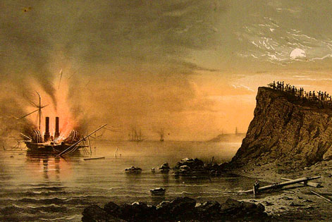Вид пожара английского парохода-фрегата "Тигр", перед взрывом его, в виду стоящих вне выстрела двух отбитых английских пароходов, у дачи Картаци (близ Одессы) 30 апреля 1854 года