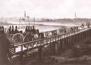 Казаки переходят свайный мост через Эльбу близ Гамбурга, 1813 год. Неизвестный художник