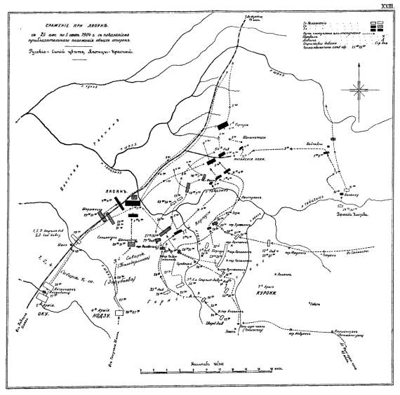 Сражение при Ляояне с 26 августа по 5 сентября 1904 года с показанием приблизительного положения обеих сторон