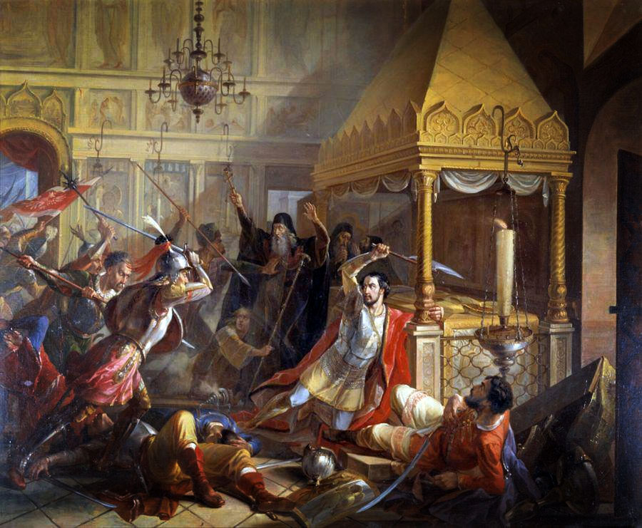 Предсмертный подвиг князя М.К. Волконского, сражающегося с ляхами в Пафнутьевском монастыре в Боровске в 1610 году.
