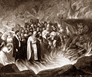«Лев Толстой в аду». Фрагмент стенной росписи,1883 г.
