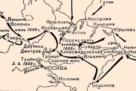 Карта: Начало народной войны против интервентов и походы правительственных войск с целью деблокады Москвы в 1609 г.