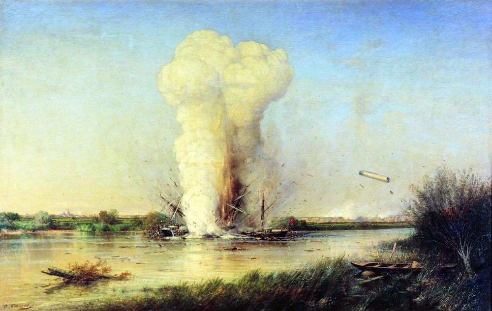 Взрыв турецкого броненосца «Лютфи-Джелиль» на Дунае 29 апреля 1877 года.