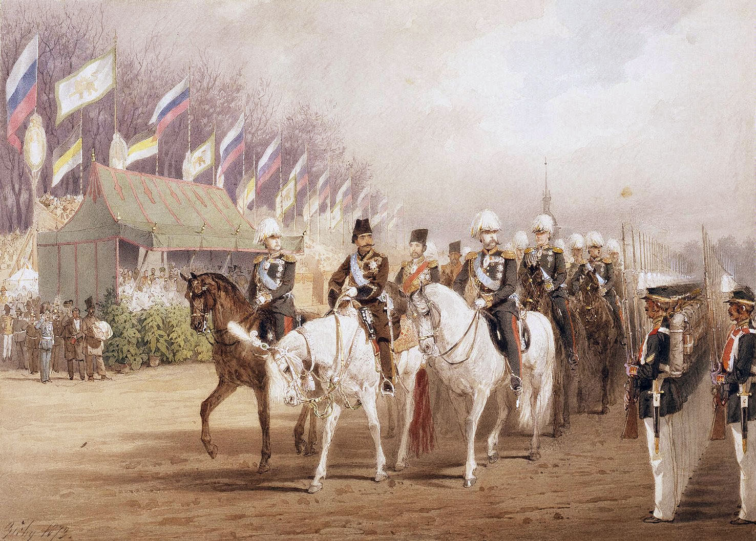 Александр II и шах Наср-эд-Дин во время парада на Царицыном лугу