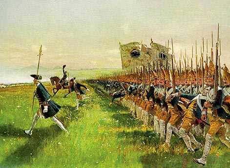 Атака прусской пехоты в битве при Гогенфридберге 4 июня 1745 года