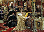 Царь Алексей Михайлович и Никон, архиепископ новгородский, у гроба чудотворца Филиппа, митрополита московского