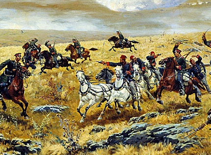 Нижегородские драгуны, преследующие турок по дороге к Карсу во время Аладжинского сражения 3 октября 1877 года